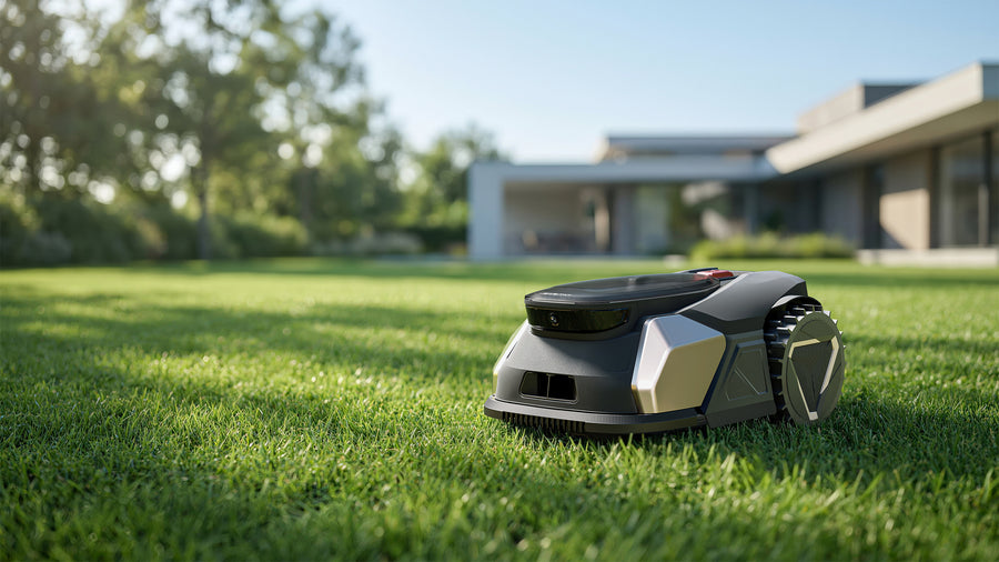 AI robot lawn mower with intelligent vision navigation maintaining a healthy residential lawn