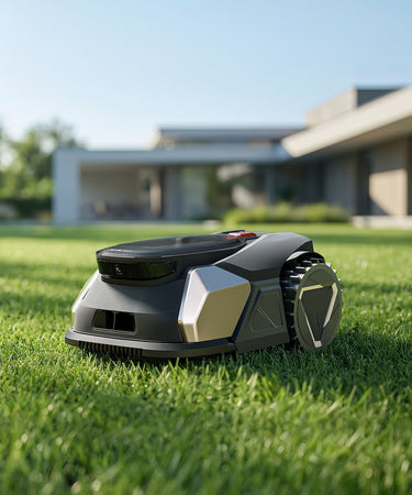 AI robot lawn mower with intelligent vision navigation maintaining a healthy residential lawn