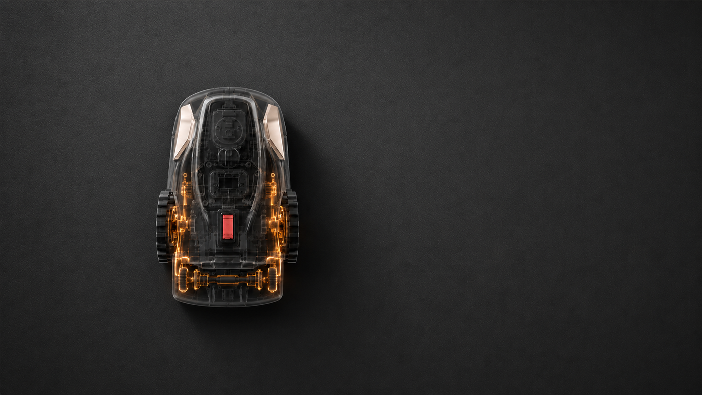 Transparent view of Neobitat robotic lawn mower drive system showing high traction motors and power transmission components