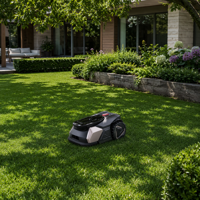 Neobitat robotic lawn mower maintaining a lawn overlooking a residential neighborhood