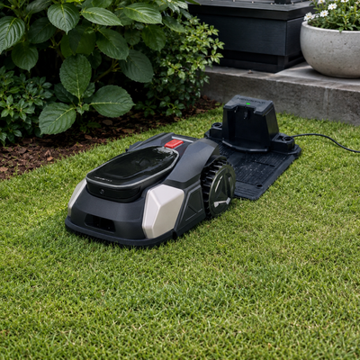 Neobitat robotic lawn mower operating near a landscaped garden