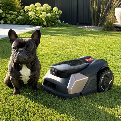 Robotic lawn mower operating safely around a dog in a backyard