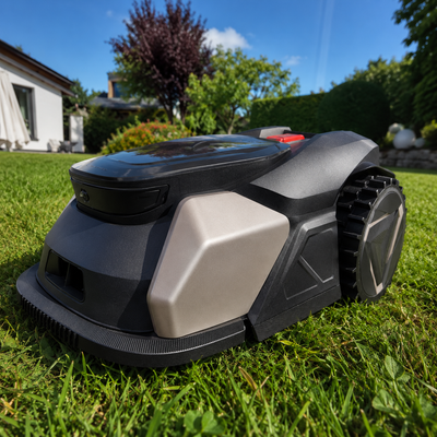 Close up of a Neobitat robotic lawn mower on a healthy green lawn