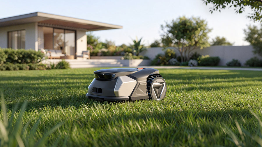 AI robot lawn mower with intelligent vision navigation maintaining a healthy residential lawn