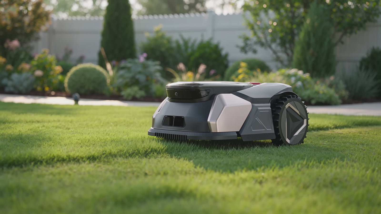 AI powered robotic lawn mower mowing a residential lawn with autonomous navigation and intelligent obstacle avoidance