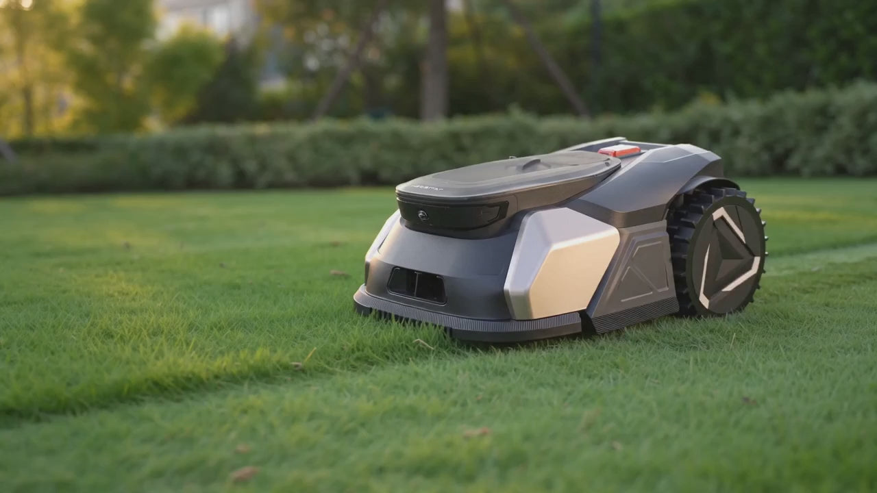 AI powered robotic lawn mower operating on a lawn with intelligent obstacle avoidance and autonomous navigation
